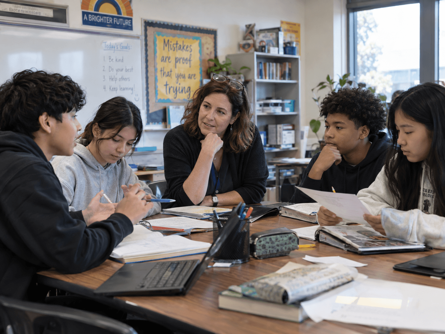 A teacher listening as a small group of students discuss their work around a table.