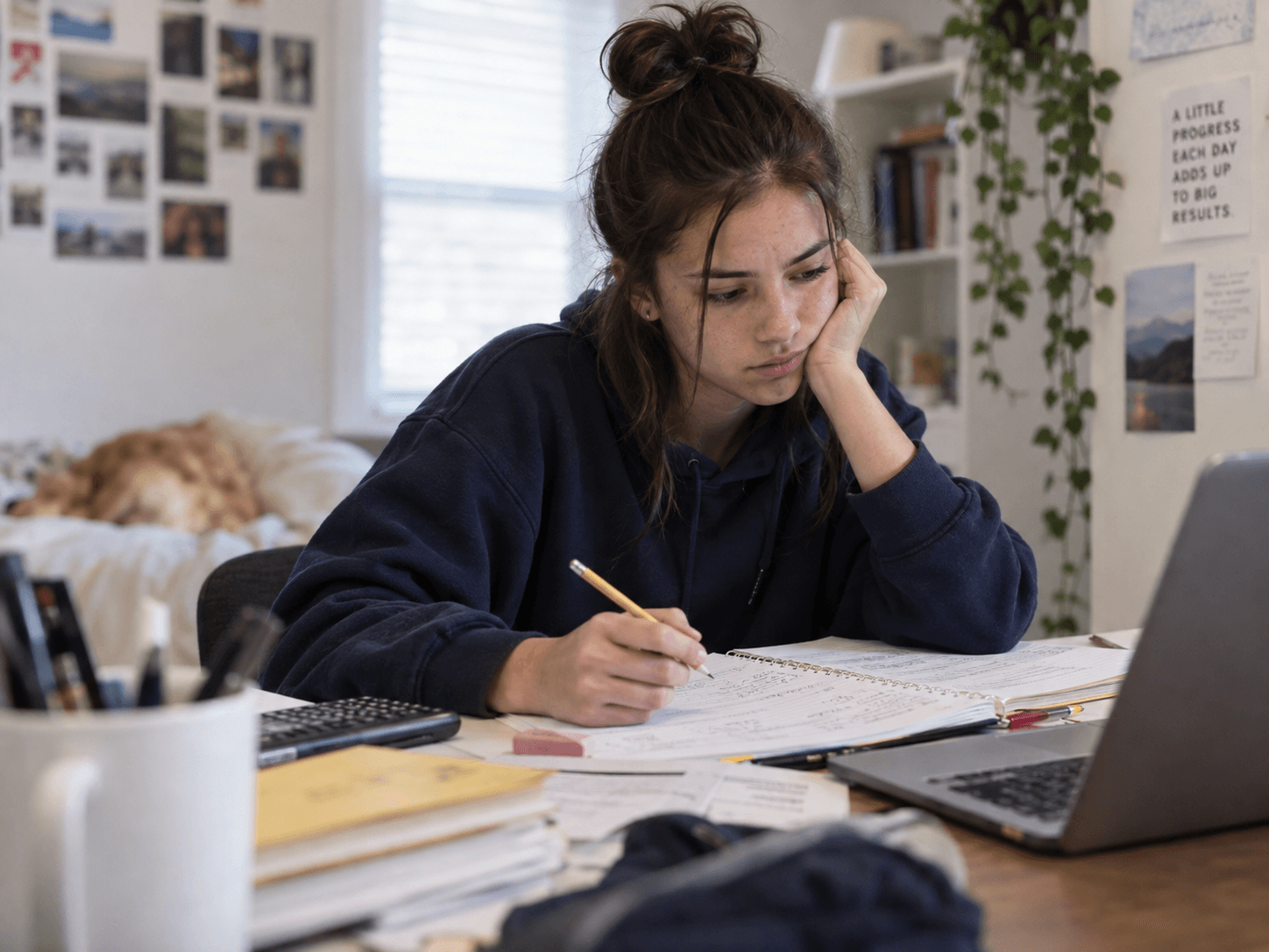 A student resting her face on one hand while looking over handwritten work beside a laptop.