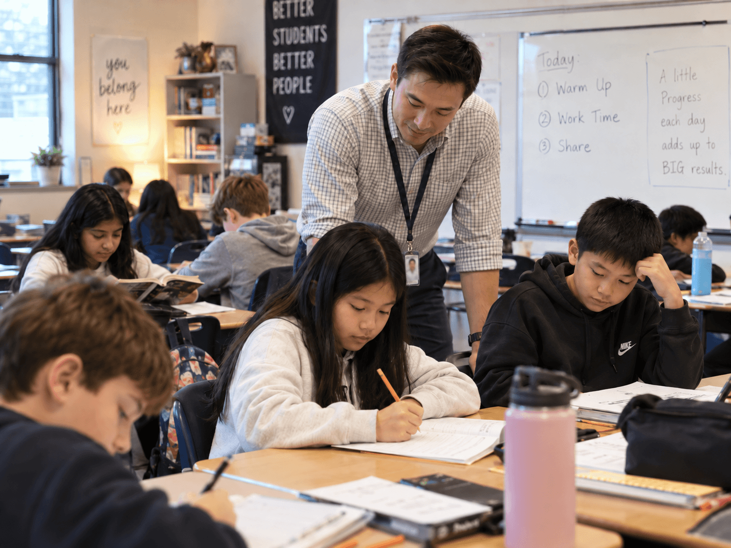 A teacher moving between desks and looking closely at a student’s written work.