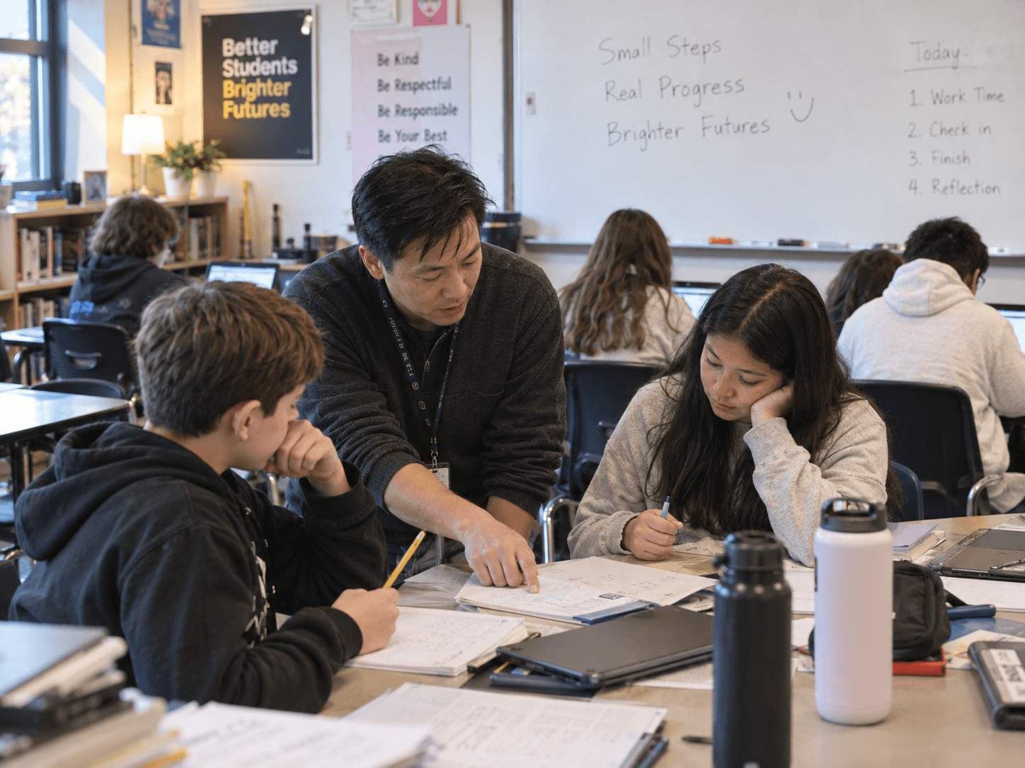 A teacher leaning over a table to guide two students through their written work.