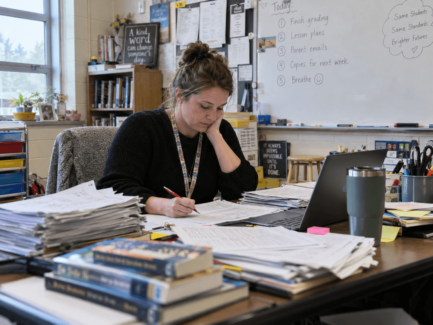 A teacher marking papers at a desk crowded with stacks of student work.