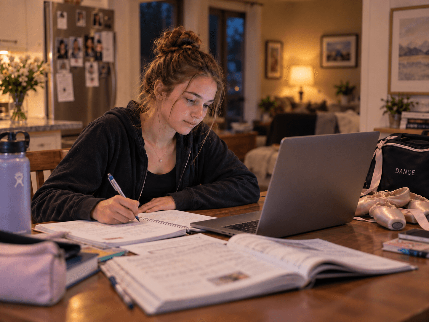A student writing beside a laptop in the evening, with dance shoes and a dance bag nearby.