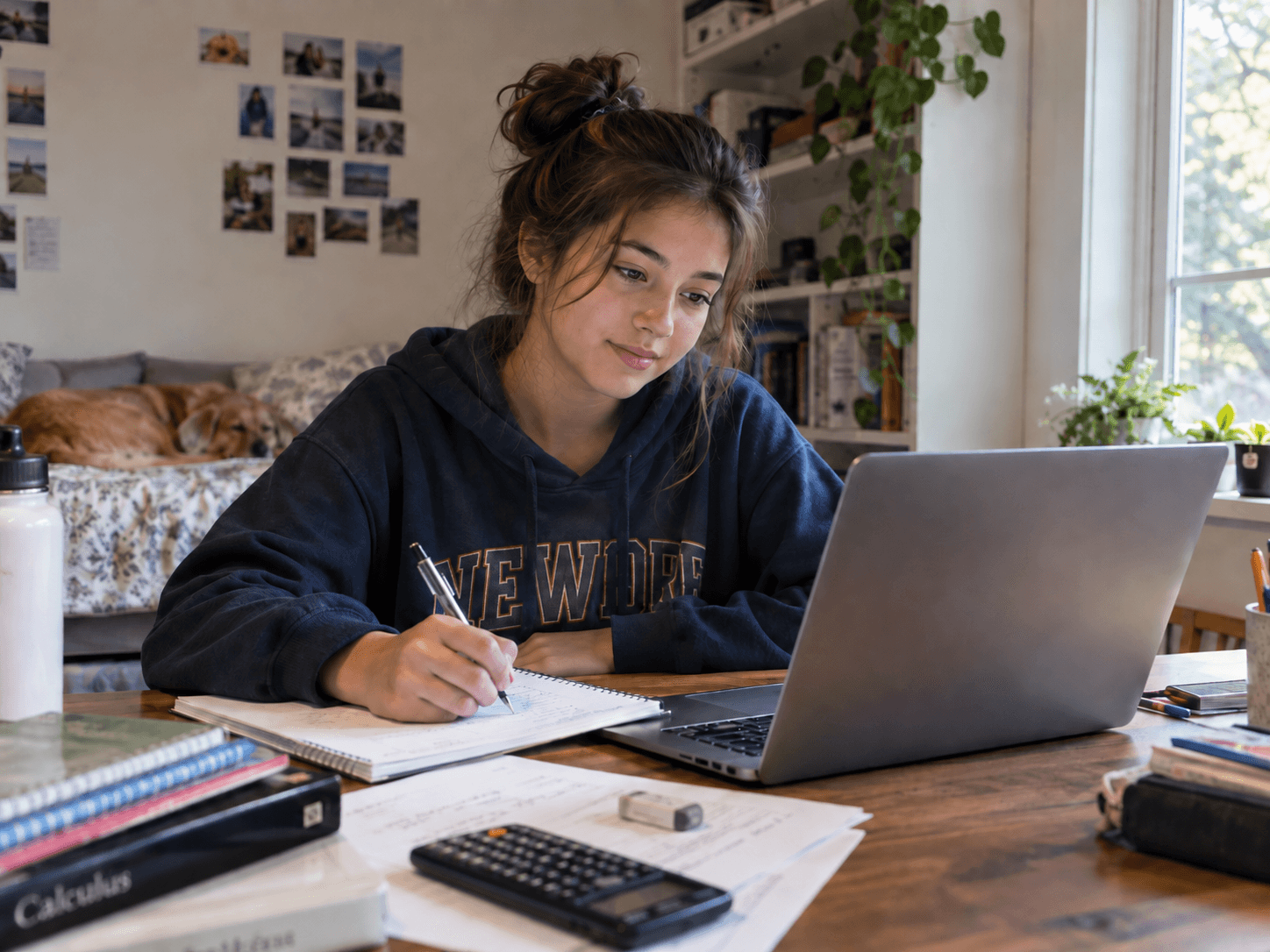 A student writing in her notebook while looking at the laptop beside her.